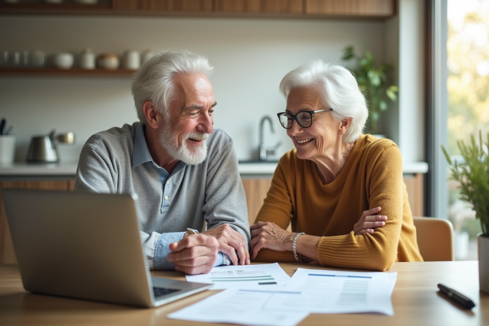 Couple senior discutant finances de retraite à la maison