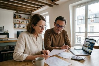 Couple de retraités étudiant des documents d'investissement locatif autour d'une table dans un appartement moderne