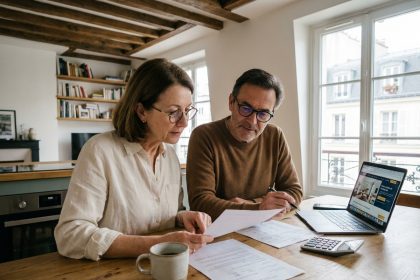 Couple de retraités étudiant des documents d'investissement locatif autour d'une table dans un appartement moderne