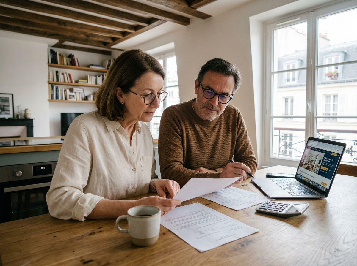 Couple de retraités étudiant des documents d'investissement locatif autour d'une table dans un appartement moderne