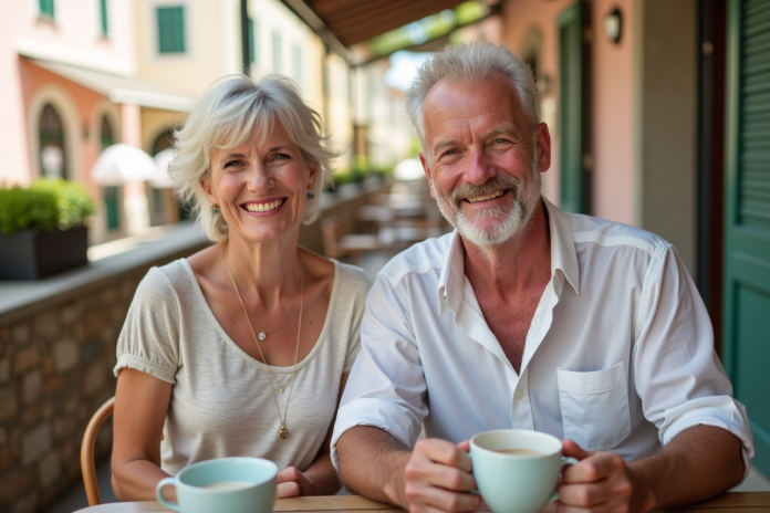 couple-senior-terrasse-europe Couple senior souriant sur une terrasse en Europe