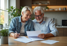 Couple souriant examinant des documents d'assurance dans la cuisine