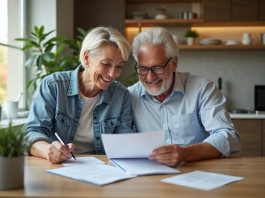 Assurance vie : évitez les pièges courants et protégez-vous! Couple souriant examinant des documents d'assurance dans la cuisine
