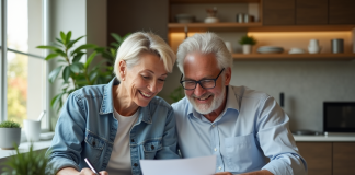 Couple souriant examinant des documents d'assurance dans la cuisine