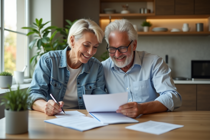 Couple souriant examinant des documents d'assurance dans la cuisine