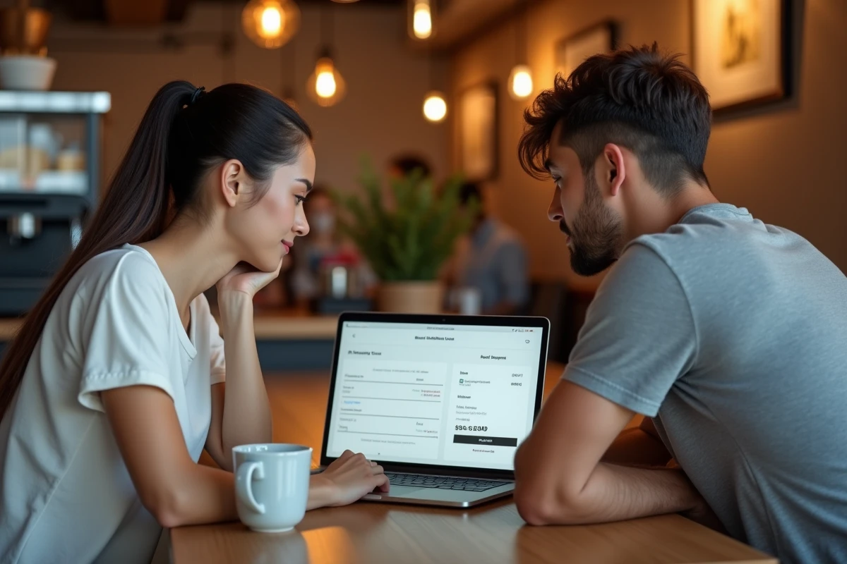 Couple vérifiant ensemble les informations de paiement en ligne sur un ordinateur portable dans un café