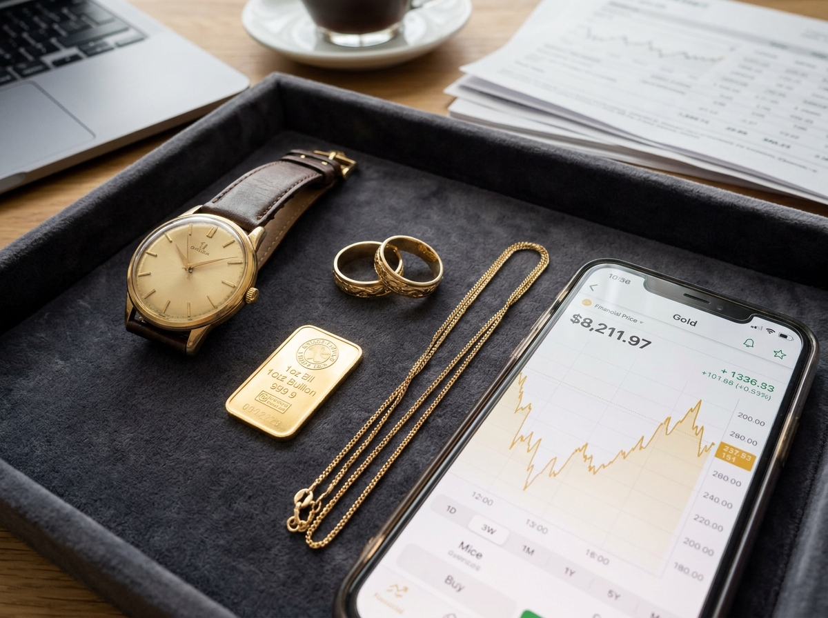 Bijoux et pièces en or disposés sur velours avec graphique des cours de l'or sur smartphone