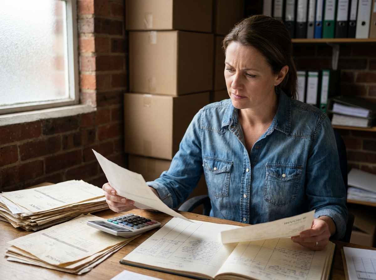 Dirigeante de petite entreprise consultant des factures papier sur un bureau encombré, illustrant le manque de visibilité sur la trésorerie