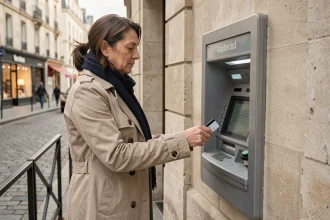 Femme utilisant un distributeur automatique de billets accessible 24h/24 dans une rue parisienne