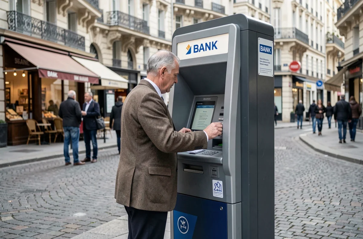 Distributeur automatique de billets accessible 24 heures sur 24 en extérieur dans une rue commerçante française