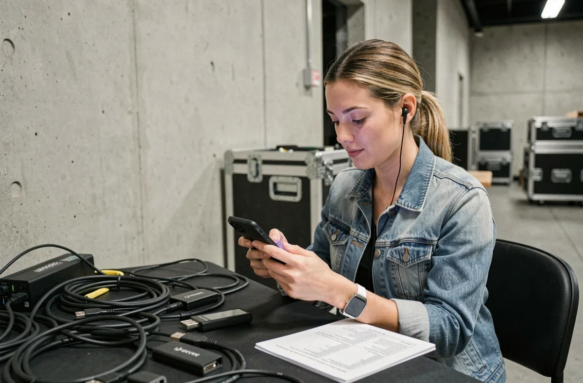 DJ femme consultant ses revenus de week-end en backstage d'une salle de concert