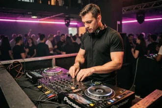 DJ homme mixant derrière une table de mixage Pioneer dans une boîte de nuit le week-end