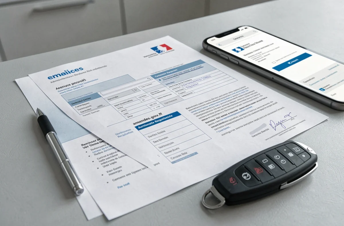 Documents administratifs pour la vente d'un véhicule incluant un bordereau de situation des amendes et une carte grise posés sur un bureau