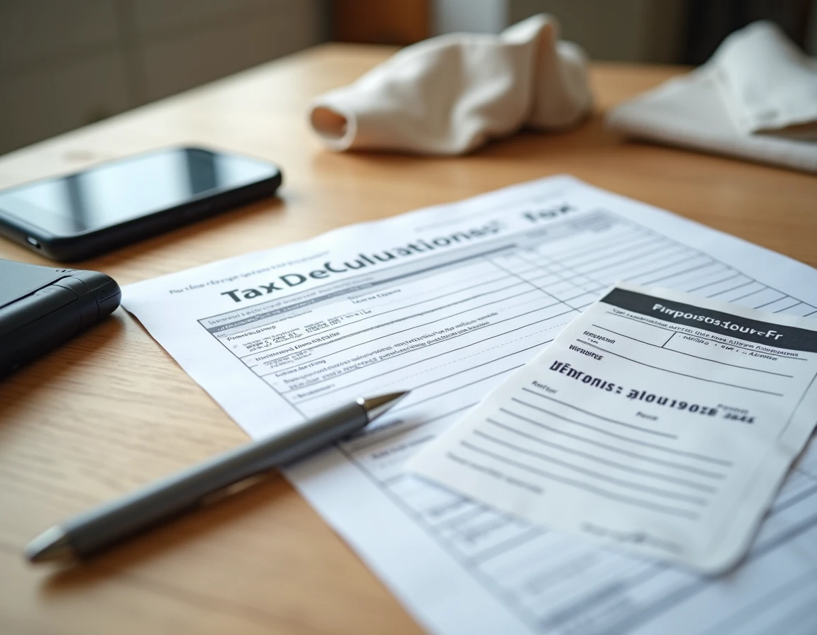 Vue aérienne de documents fiscaux et d'une fiche de paie avec la prime de partage de la valeur posés sur une table en bois