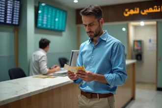 Homme d'âge moyen compare billets dirham et euro à la banque