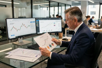 Économiste analysant les prévisions d'inflation INSEE 2026 sur des graphiques imprimés dans un bureau moderne