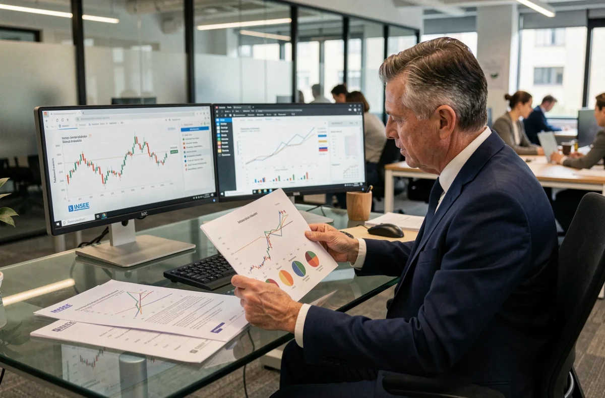 Économiste analysant les prévisions d'inflation INSEE 2026 sur des graphiques imprimés dans un bureau moderne