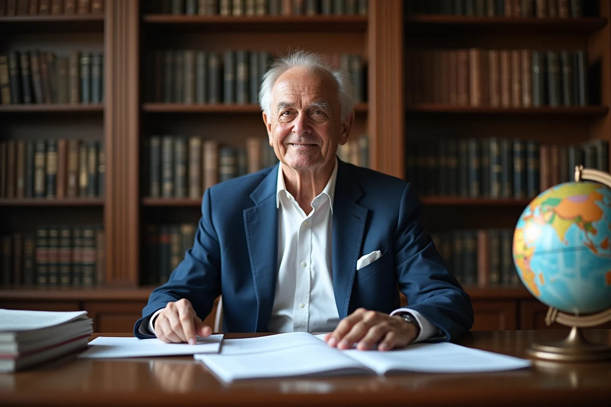 Economiste âgé dans un bureau avec livres et globe