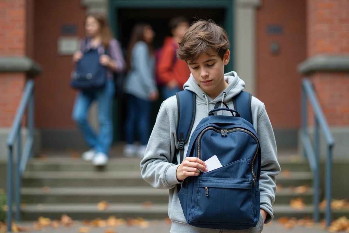 Adolescent en uniforme décontracté devant l'entrée de son école avec son sac à dos, illustrant la thématique de l'assurance scolaire
