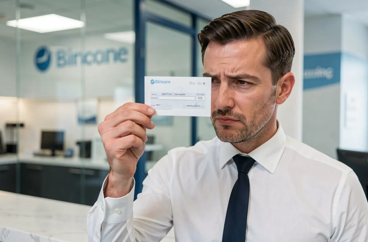 Employé de banque examinant un chèque avec attention au guichet, repérant une erreur de remplissage
