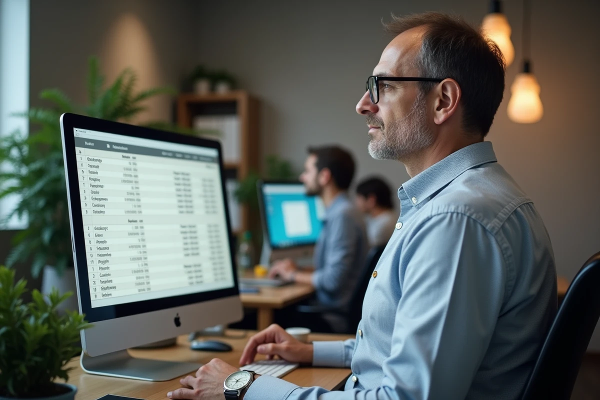 Employé de bureau analysant un tableau de calcul de salaire brut et net sur ordinateur dans un open space français