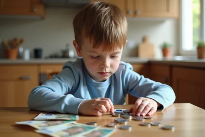 Jeune garçon apprenant à compter des pièces et billets en euros sur une table de cuisine en bois