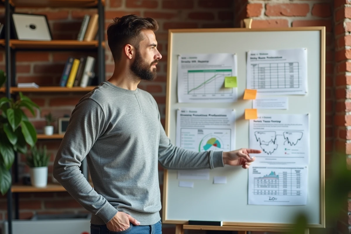 Entrepreneur debout devant un tableau blanc avec des projections financières et calculs de retour sur investissement