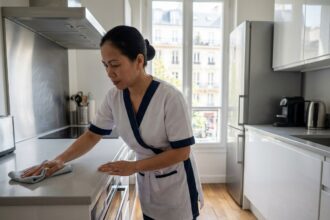 Femme de ménage professionnelle en uniforme nettoyant le plan de travail d'une cuisine moderne dans un appartement à Boulogne-Billancourt
