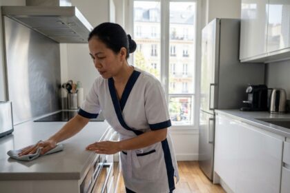 Femme de ménage professionnelle en uniforme nettoyant le plan de travail d'une cuisine moderne dans un appartement à Boulogne-Billancourt