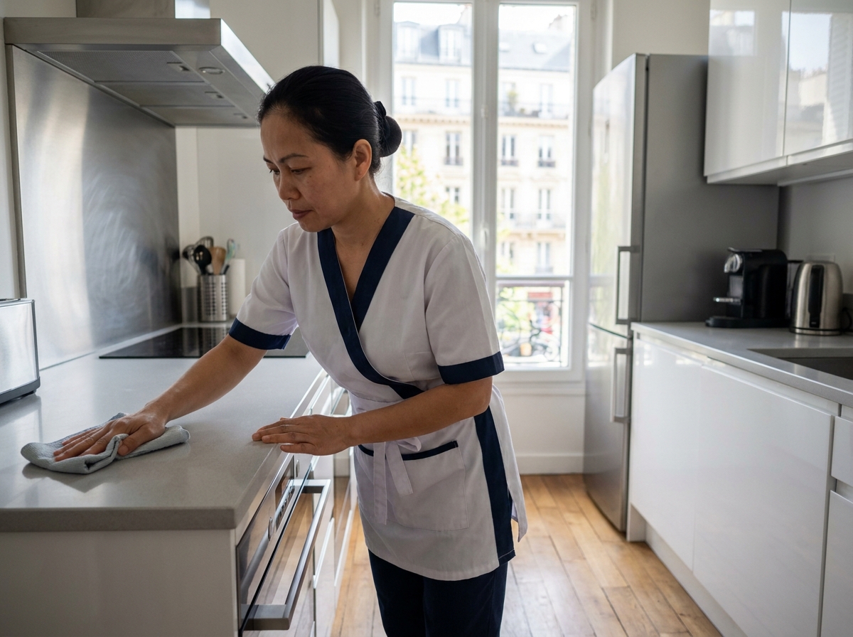 Femme de ménage professionnelle en uniforme nettoyant le plan de travail d'une cuisine moderne dans un appartement à Boulogne-Billancourt