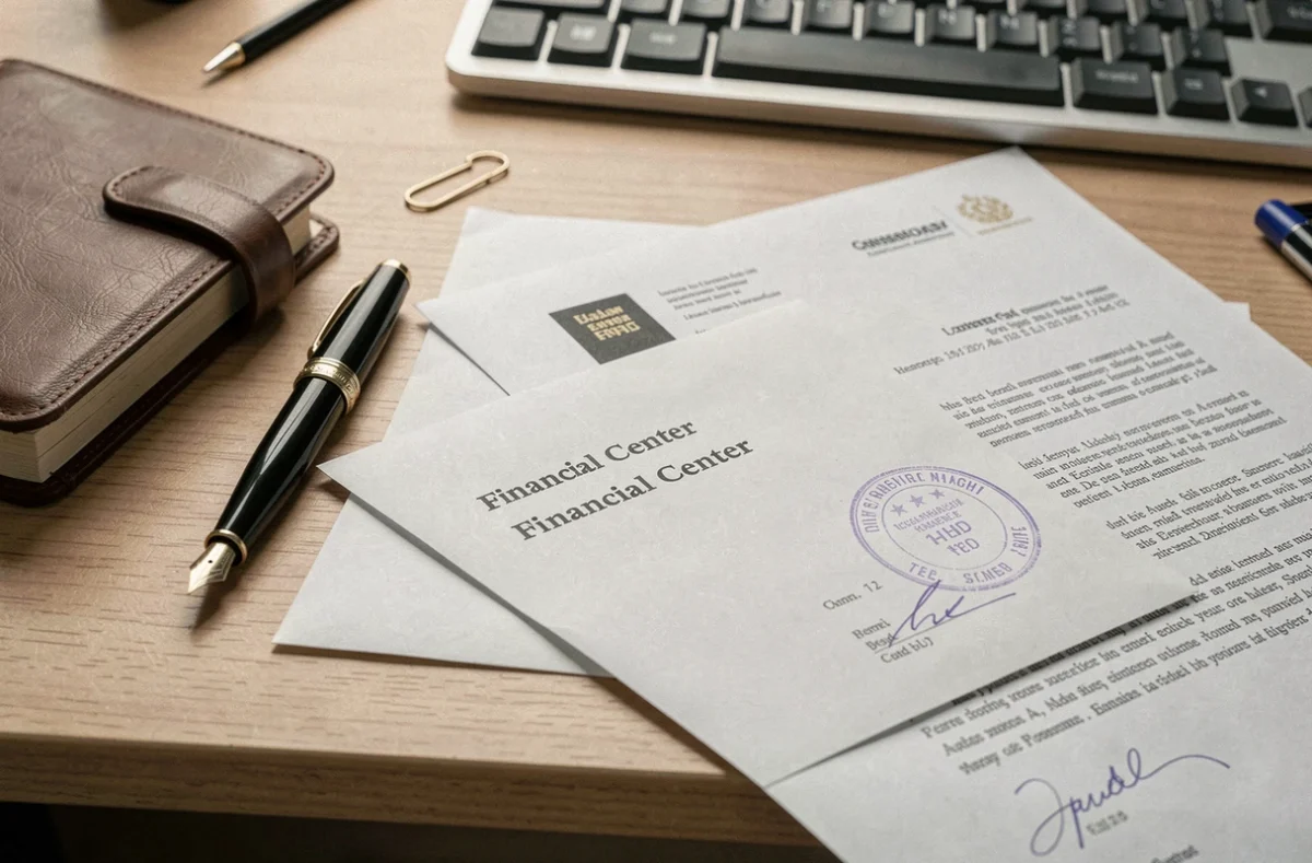 Enveloppe et courrier officiel préparés pour envoi au Centre financier de la Banque Postale 45900 La Source