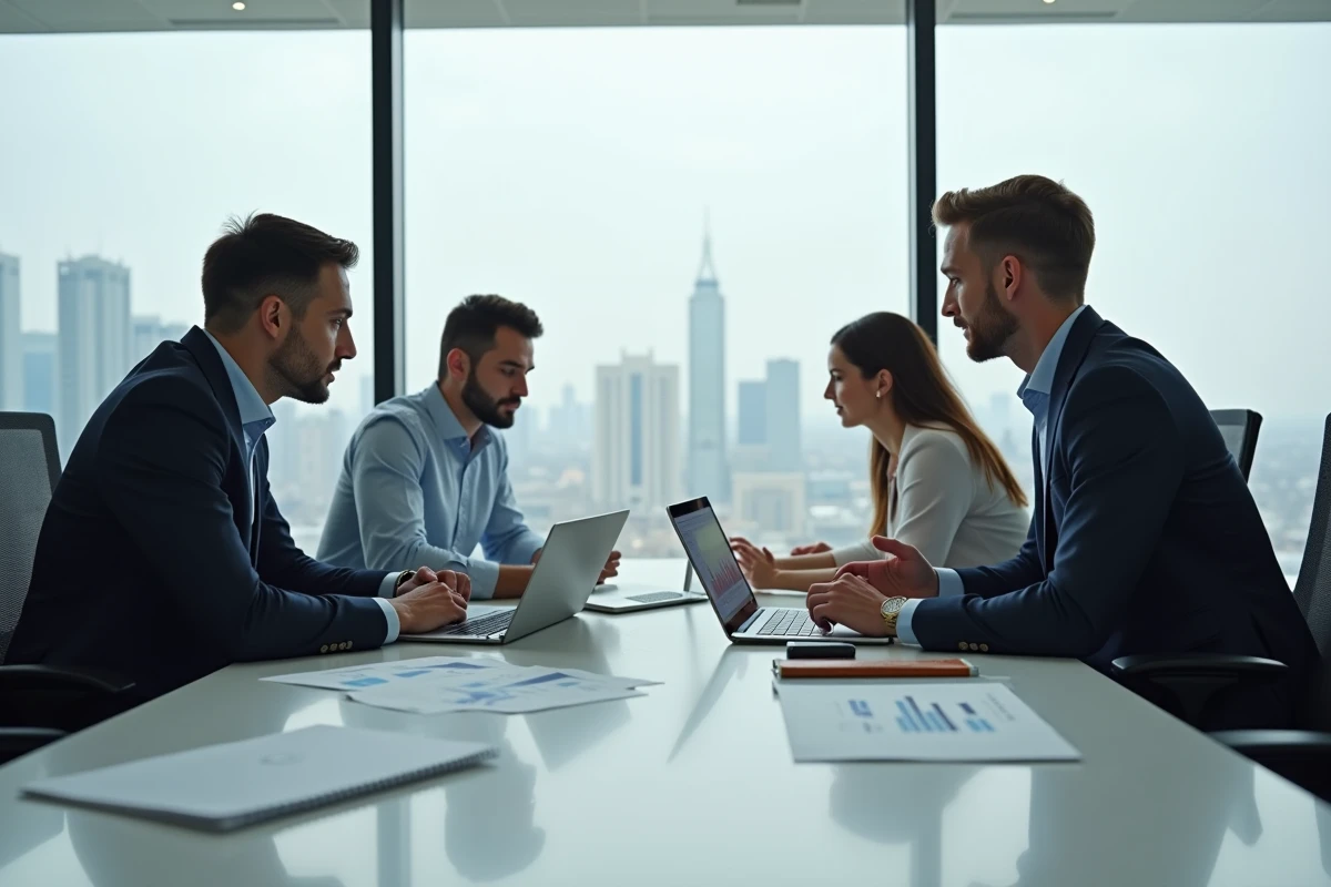Équipe de professionnels en réunion stratégique analysant un simulateur de retour sur investissement sur tablette