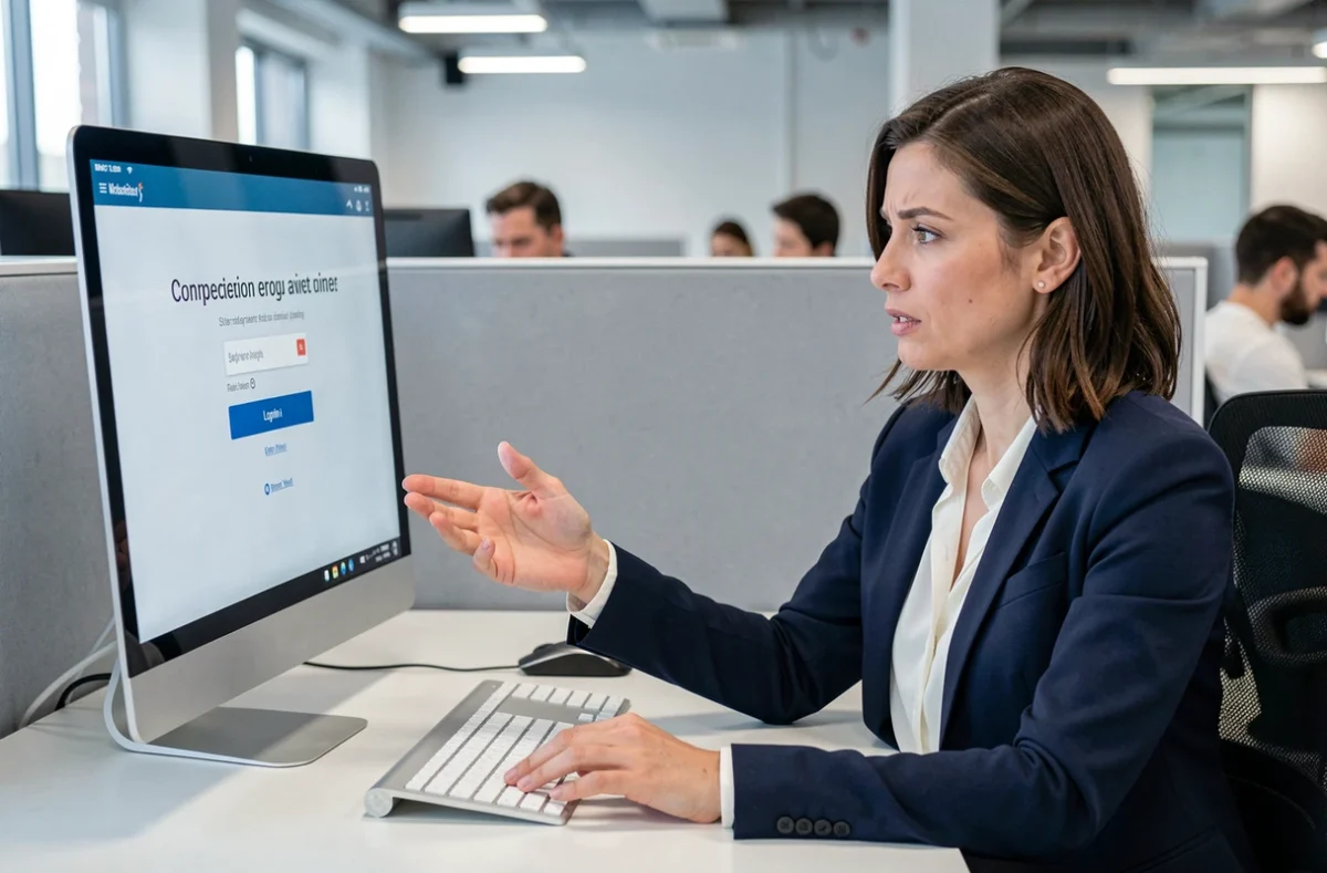 Femme en bureau modern faisant face à une erreur de connexion sur un portail professionnel en ligne