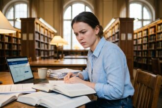 Étudiante consultant des documents de prêt étudiant dans une bibliothèque universitaire
