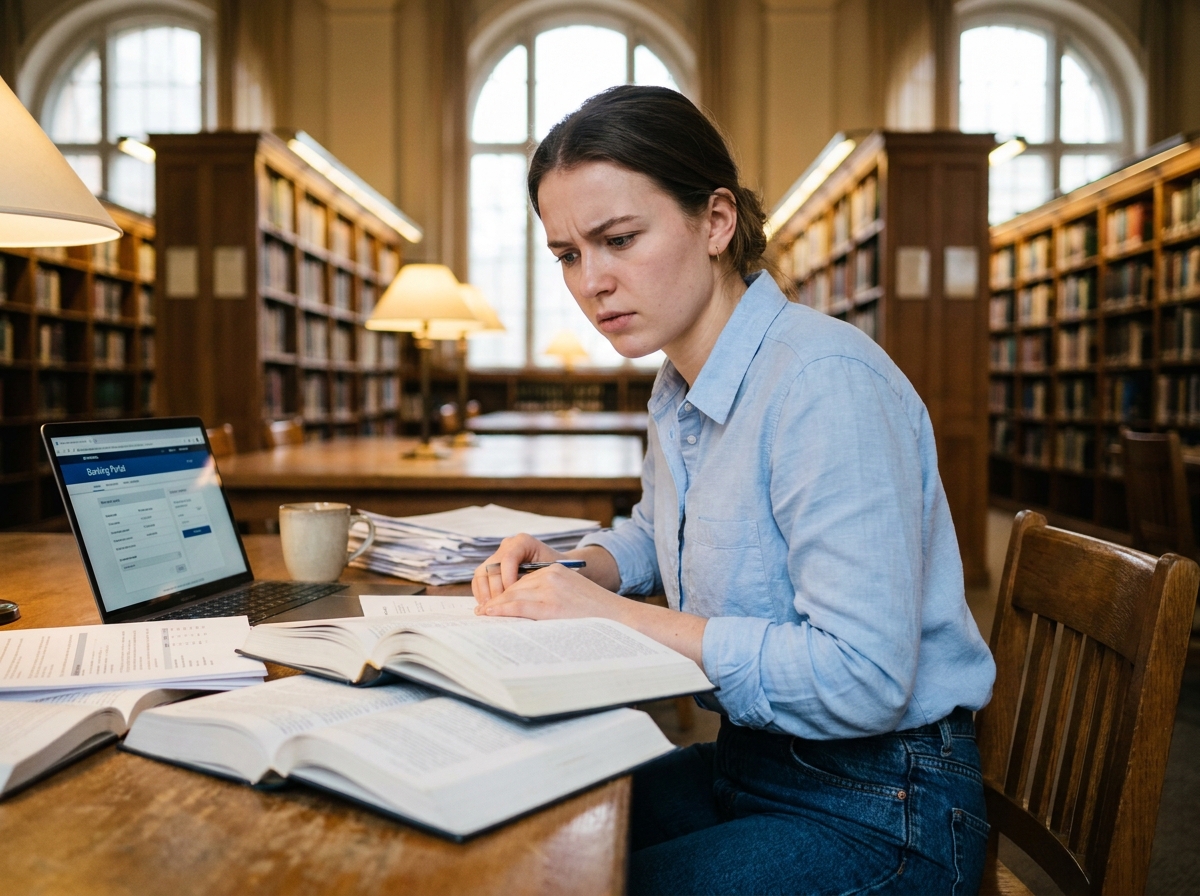 Étudiante consultant des documents de prêt étudiant dans une bibliothèque universitaire