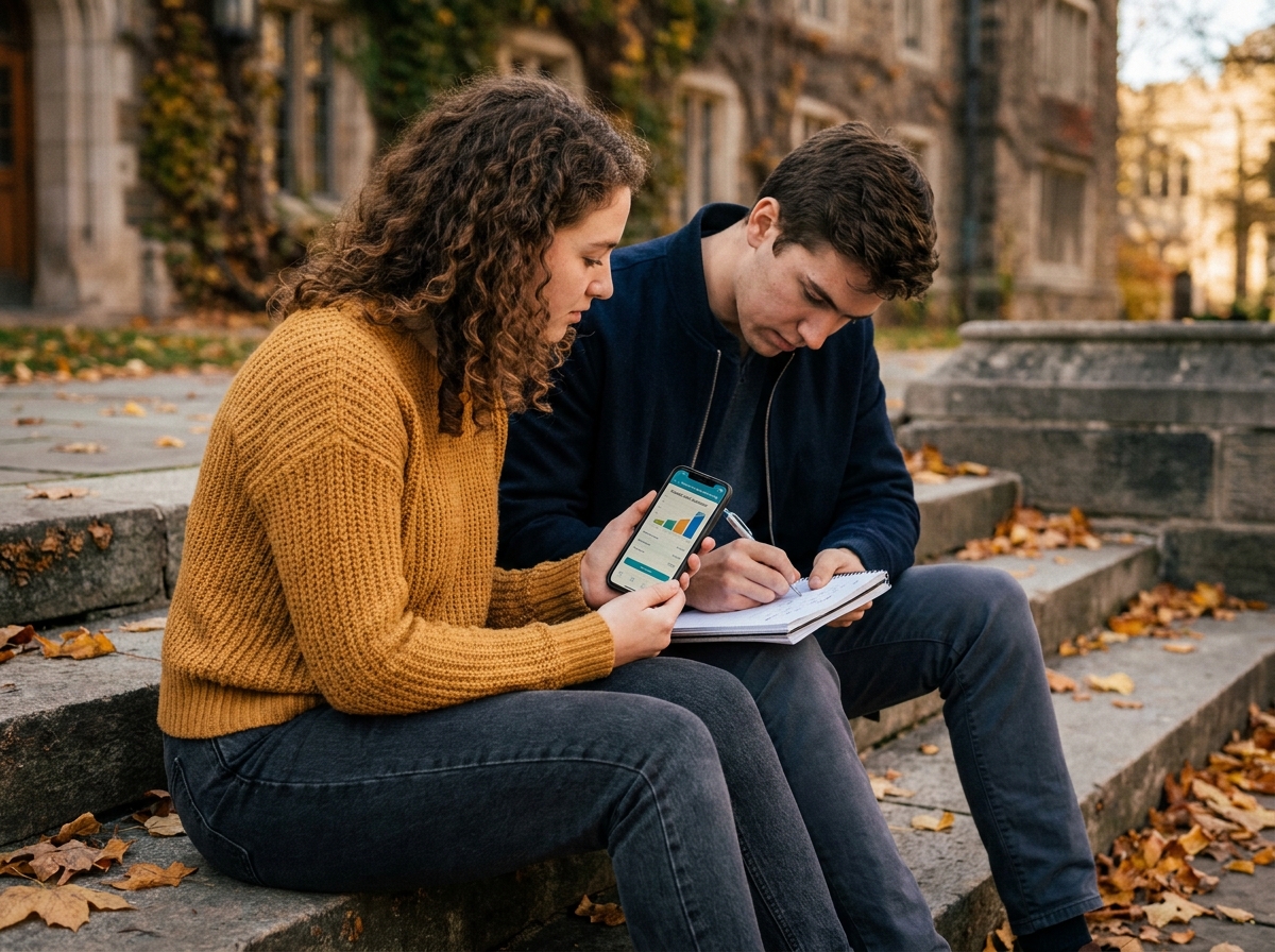 Deux étudiants comparant les conditions d'un prêt étudiant sur les marches d'une université