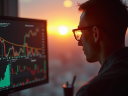 Personne examinant des données boursieres au lever du soleil