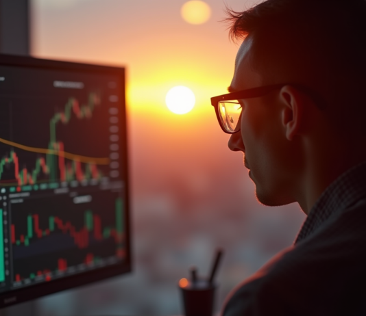 Personne examinant des données boursieres au lever du soleil