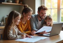 Famille souriante à la cuisine pour la gestion financière