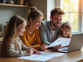 Famille souriante à la cuisine pour la gestion financière