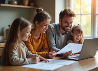 2025 : Prévision d’augmentation de la Caf, ce qu’il faut savoir Famille souriante à la cuisine pour la gestion financière