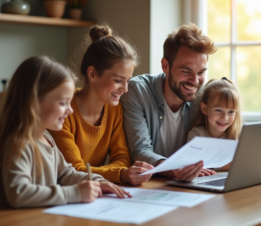 Famille souriante à la cuisine pour la gestion financière