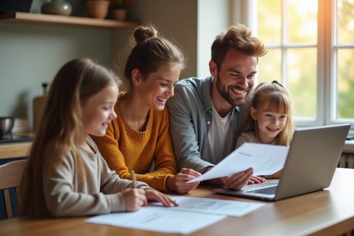 Famille souriante à la cuisine pour la gestion financière