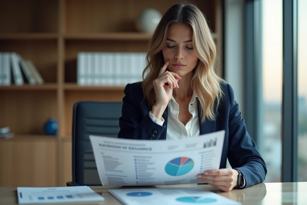 Femme d'affaires en réunion avec magazine d'assurance