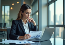 Augmentation 2025 : Quel taux envisager pour l’année à venir ? Femme d affaires en bureau moderne regardant un graphique