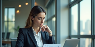 Femme d affaires en bureau moderne regardant un graphique