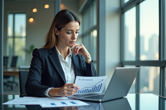 Femme d affaires en bureau moderne regardant un graphique