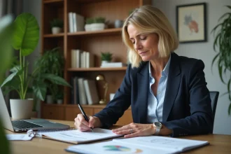 Femme d'affaires concentrée dans son bureau à domicile