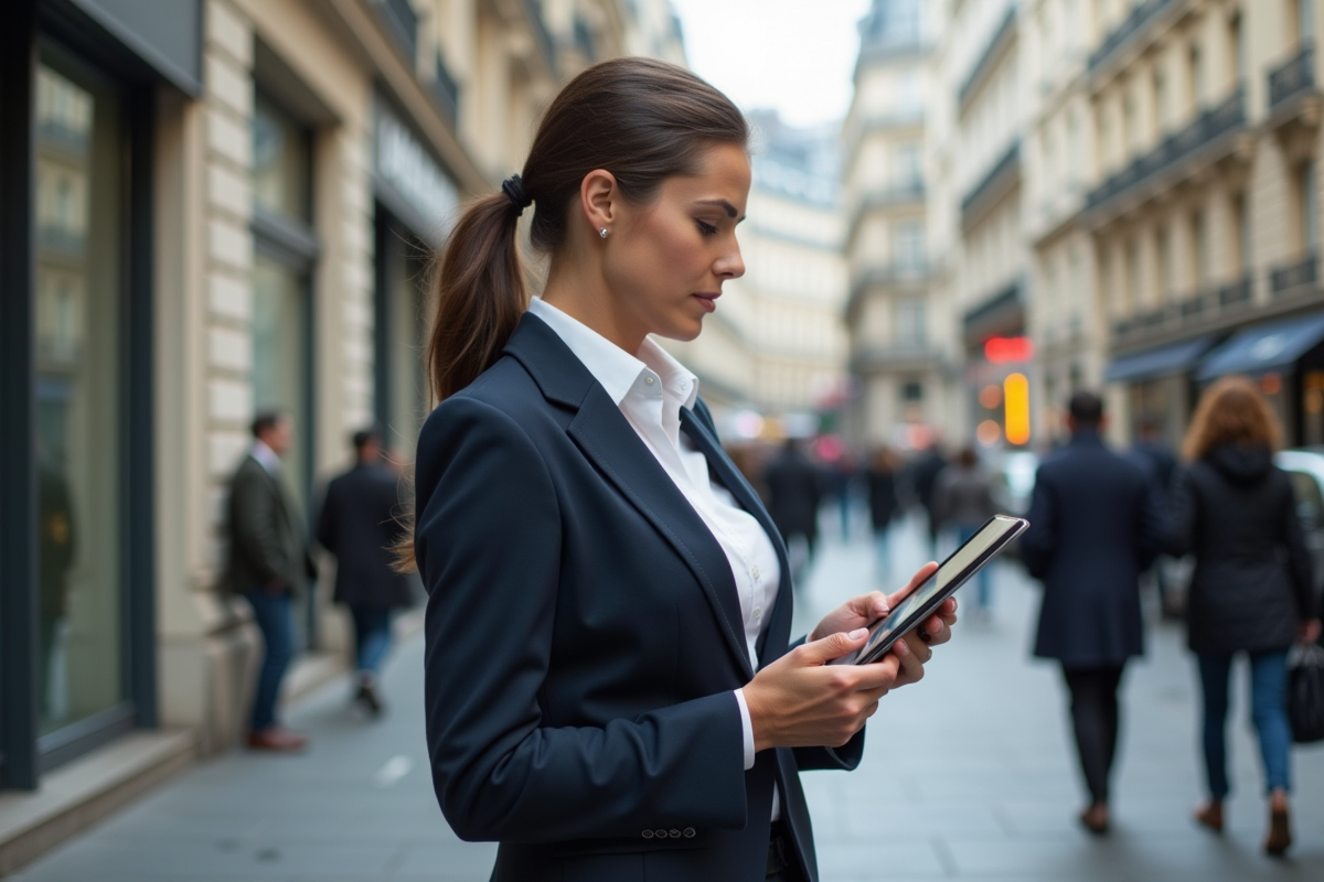 Femme d affaires française avec tablette dans la ville