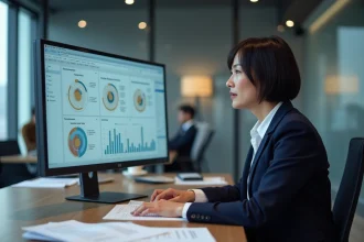 Femme d'affaires analysant un simulateur de retour sur investissement sur un écran d'ordinateur en open space